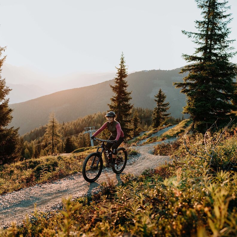 Cyclist rides a mountain bike along a rocky forest trail at sunset