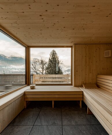 Wooden sauna room with large window view of mountains