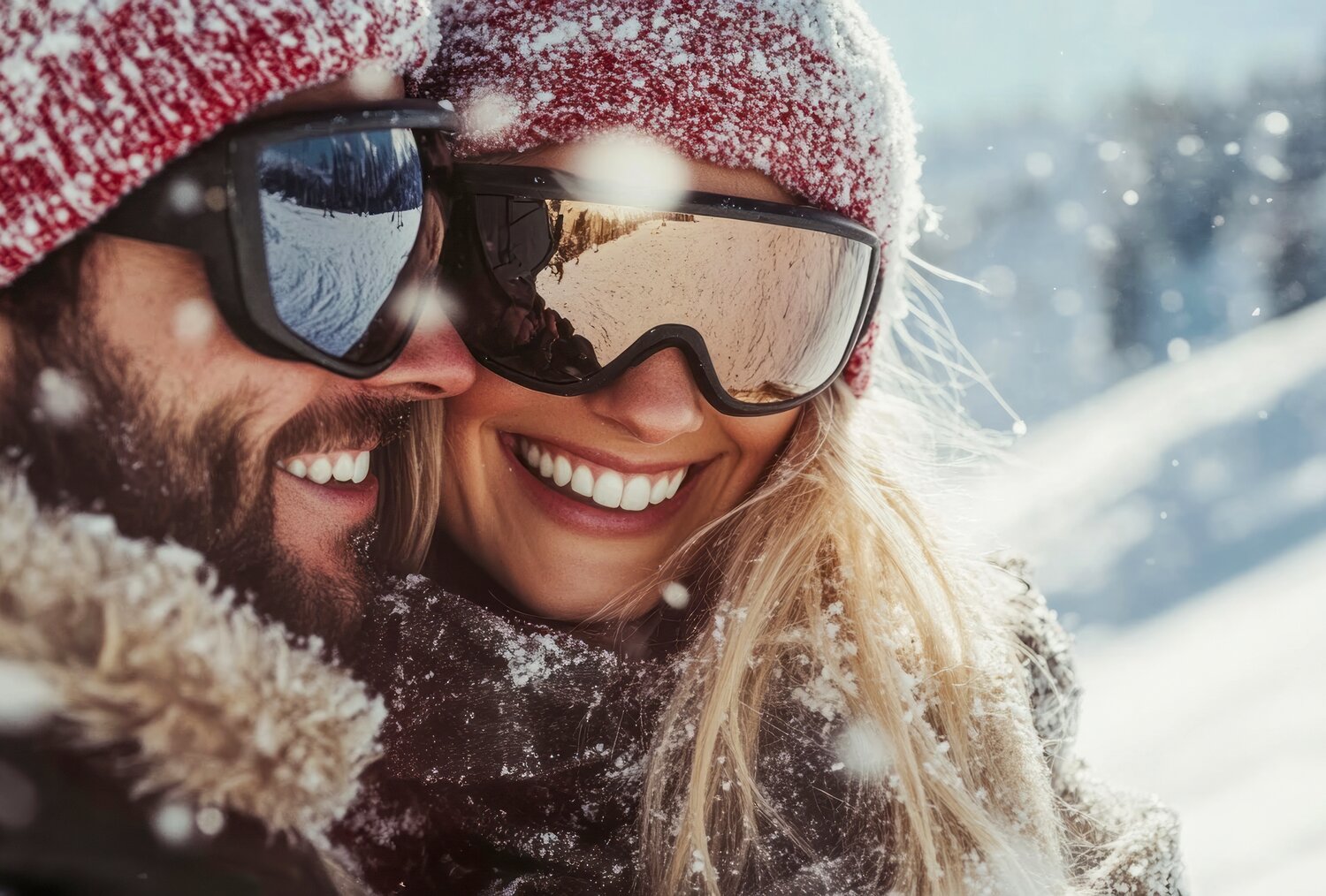 Lächelndes Paar mit Skibrillen im Schnee draußen