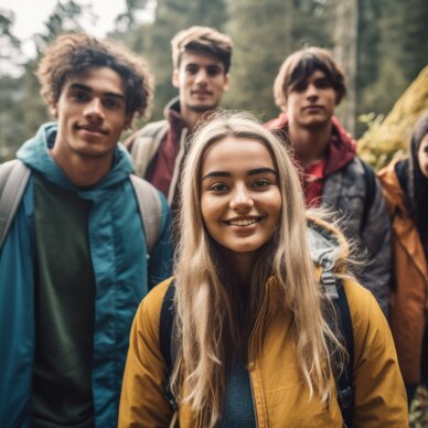 Group of five young hikers in a forest.