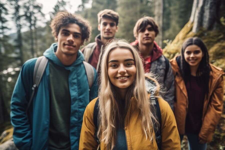 Gruppe von fünf jungen Wanderern im Wald