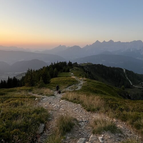Wanderer und Hund auf felsigem Bergpfad bei Sonnenuntergang