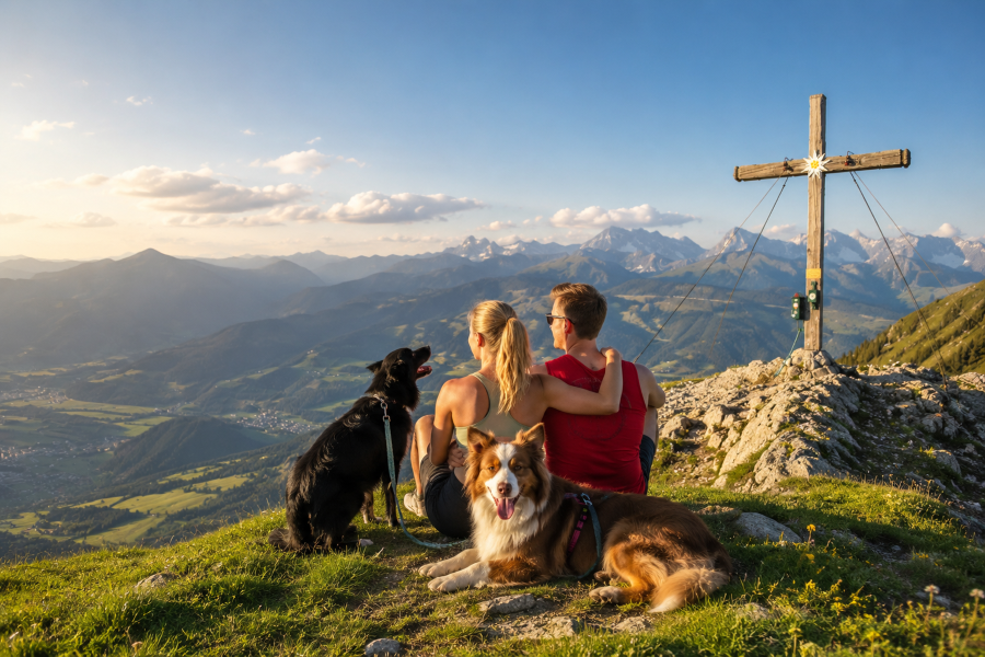 Couple with two dogs on mountain ridge beside cross.