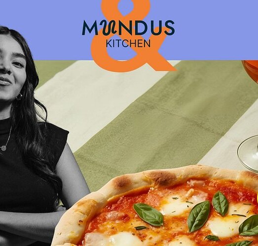 Woman beside pizza and wine glass; 'MUNDUS KITCHEN' text.