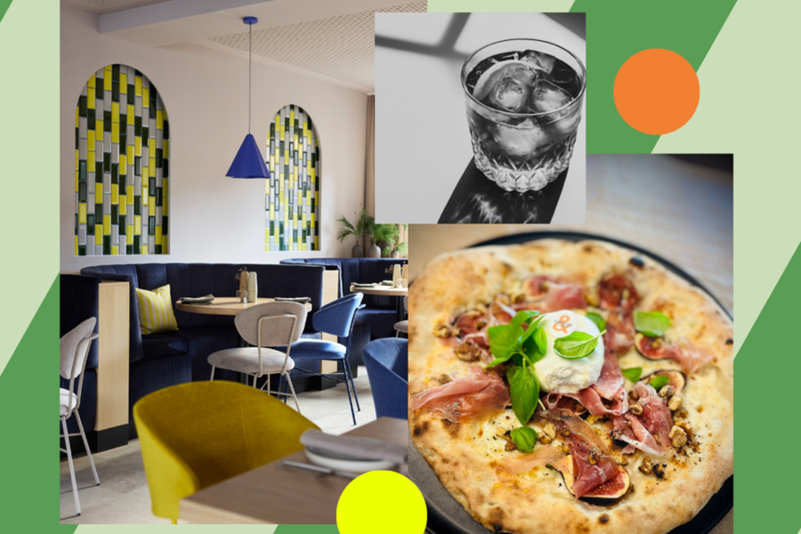 Collage eines modernen Restaurant-Innenraums, Pizza und Getränke