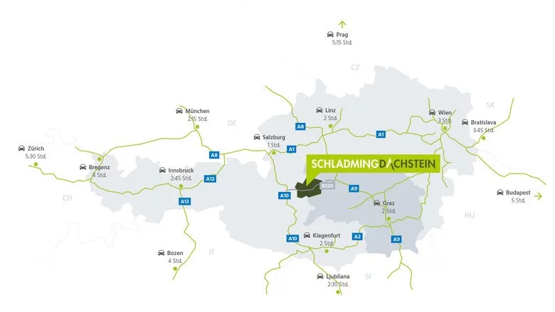 Karte von Österreich mit Schladming-Dachstein Region markiert