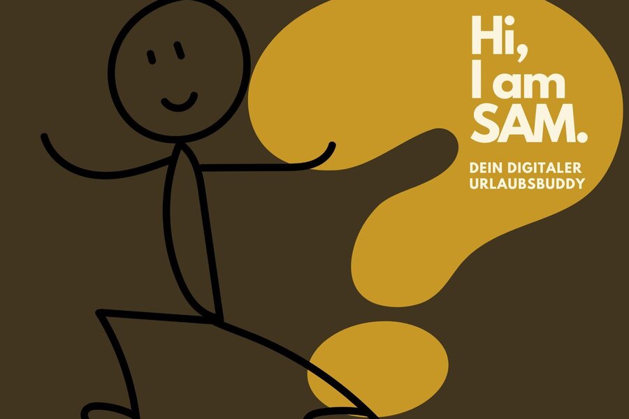 Strichmännchen neben gelber Fragezeichenform mit SAM-Text | © Maria Gruber