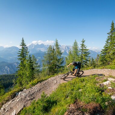 Mountain biker riding down a rocky alpine trail | © Christoph Oberschneider