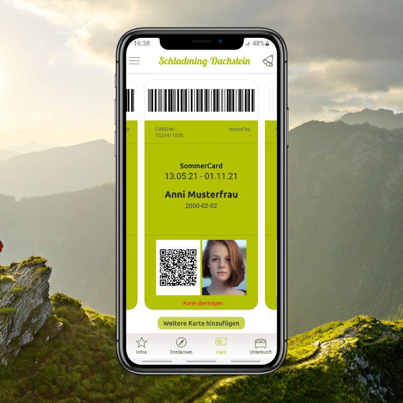 Mobile App-Bildschirm zeigt SommerCard mit Barcode und QR-Code