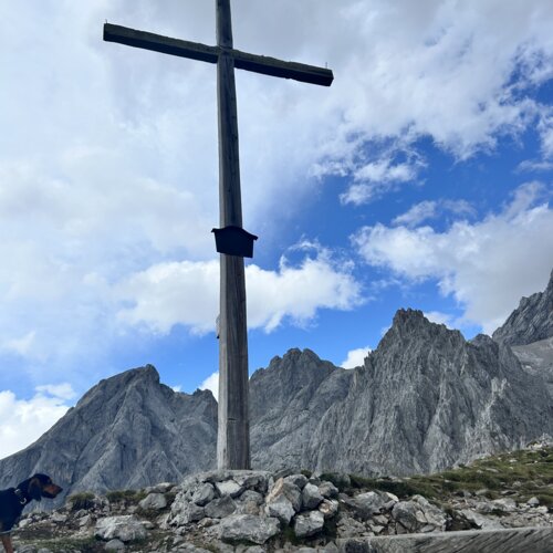 Großes Holzkreuz auf felsigem Berggipfel, Hund in Nähe