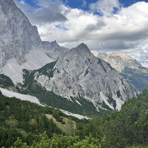 Felsige Alpenberge, grüne Täler und Wald unter blauem Himmel.