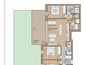 Apartment floor plan with terrace, living and bedrooms | © Julia Schmid