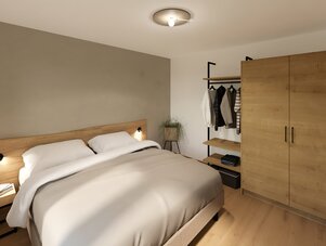 Modernes Schlafzimmer mit Holzschrank und offener Garderobe