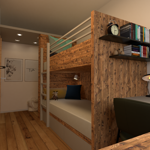 Gemütliches Loftzimmer mit Holzbett, Regalen und Kunstwerk