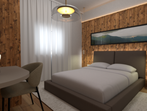 Hotelzimmer mit Holzwandverkleidung, zwei Betten und Landschaftsbild