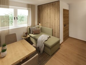 Wohnzimmer mit olivgrünem Sofa, Holzverkleidung und großem Fenster