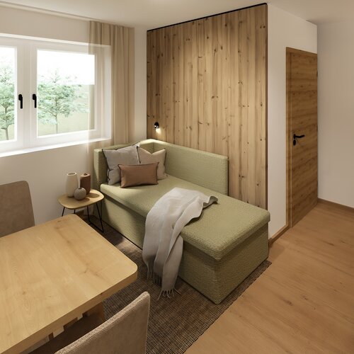 Wohnzimmer mit olivgrünem Sofa, Holzverkleidung und großem Fenster