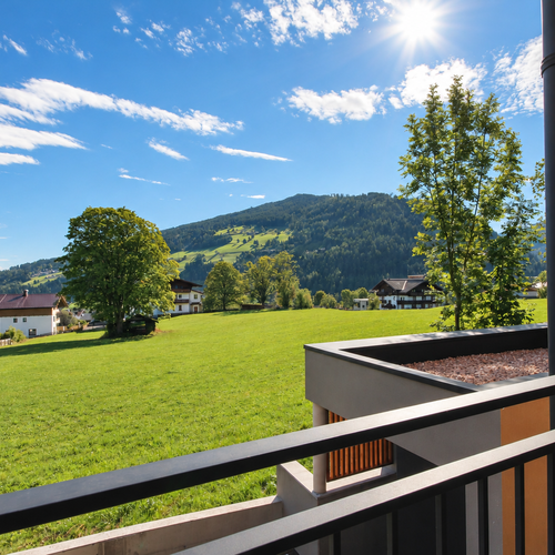 Blick vom Balkon über grüne Felder zu den Alpenbergen