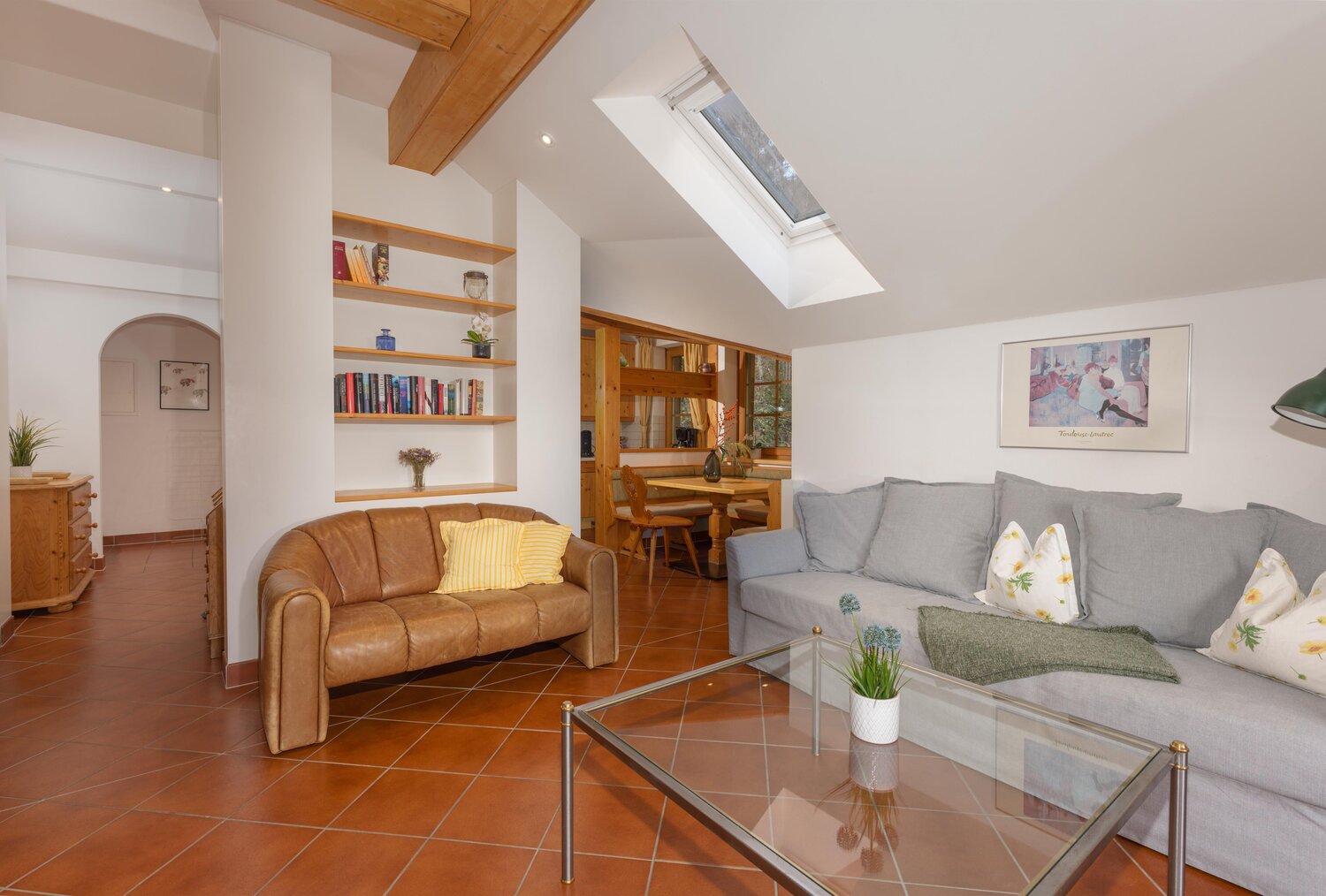 Helles Wohnzimmer mit Dachfenster, braunem Ledersofa und grauem Sofa