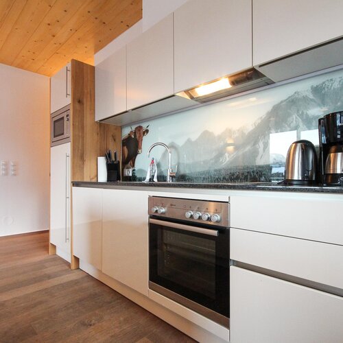 Moderne Küche mit weißen Schränken und Bergpanorama-Rückwand | © SCHLADMING-APPARTEMENTS