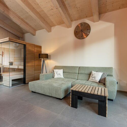 Wohnzimmer mit grünem Ecksofa und Glas-Sauna