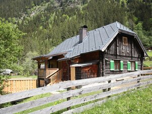 Rustikales Holzchalet mit grünen Fensterläden vor grüner Wiese
