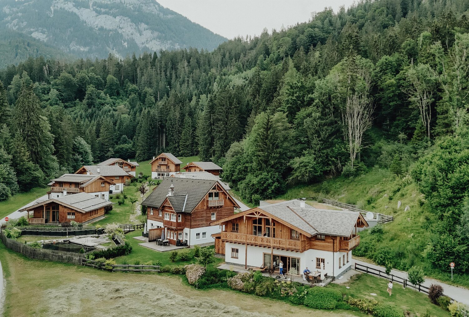 Aerial view of wooden chalets in a forested valley.