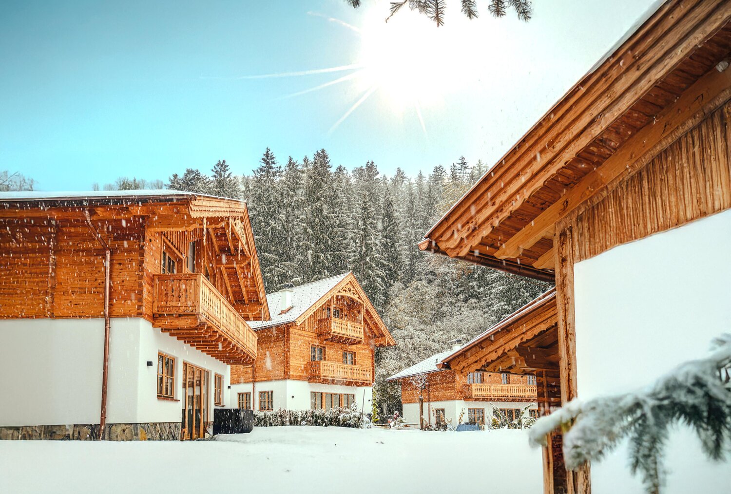 Snowy wooden chalet village with pine forest