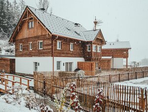 Snowy wooden house with fence and bridge