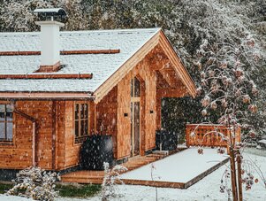 Wooden cabin covered in snow with surrounding trees